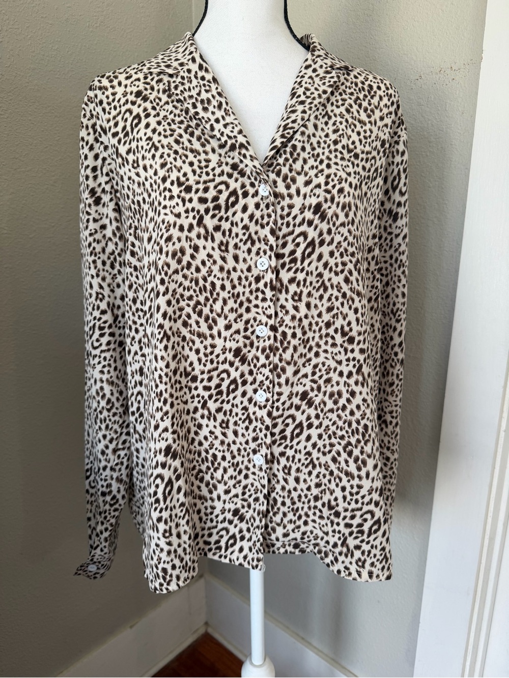 Leopard-Print Button-Down Shirt in Cream and Brown
